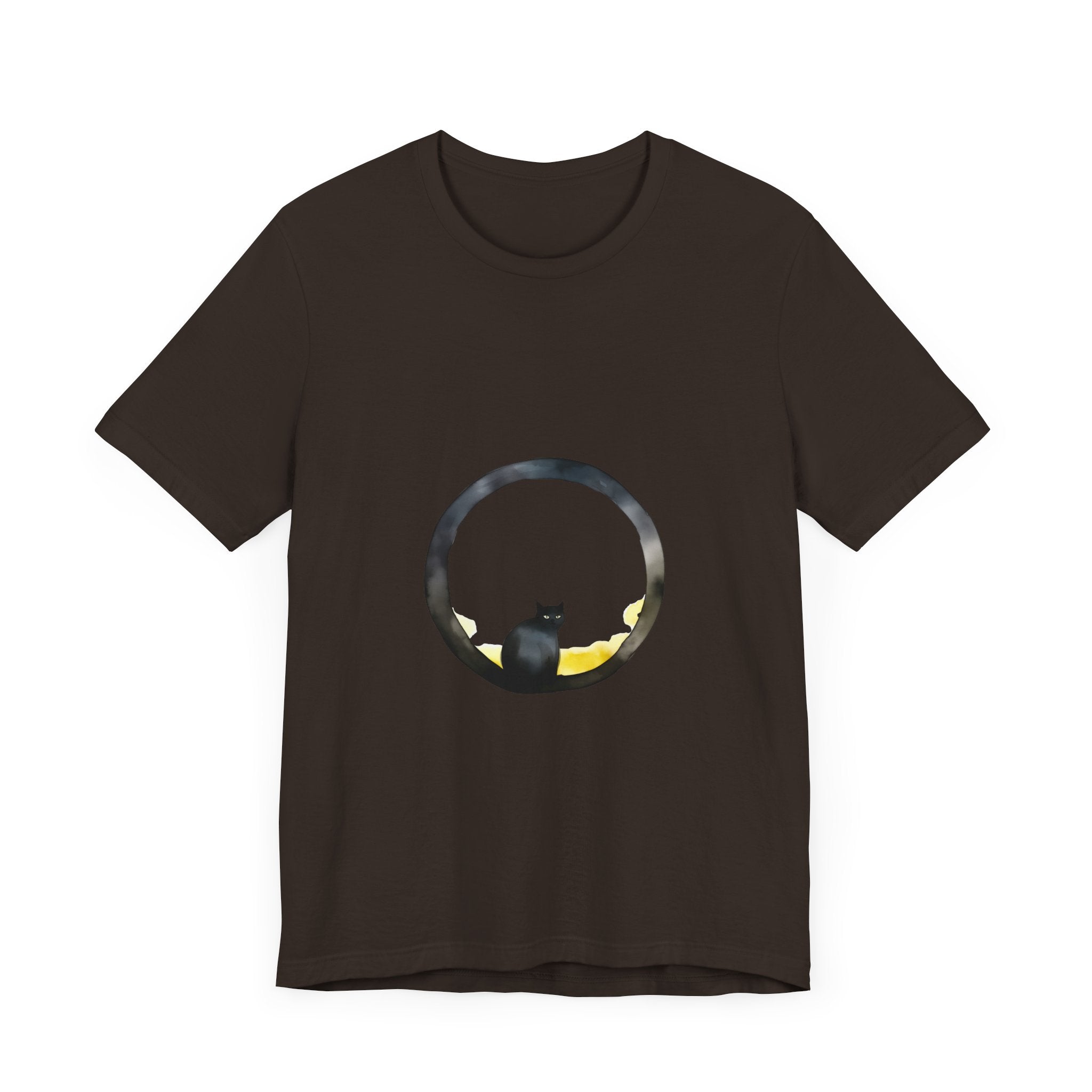 Black Cat Moon Tee - Whimsical Style: A black t-shirt featuring a stylized moon and a playful cat design