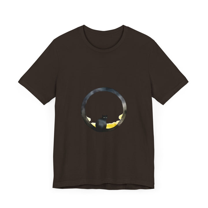 Black Cat Moon Tee - Whimsical Style: A black t-shirt featuring a stylized moon and a playful cat design