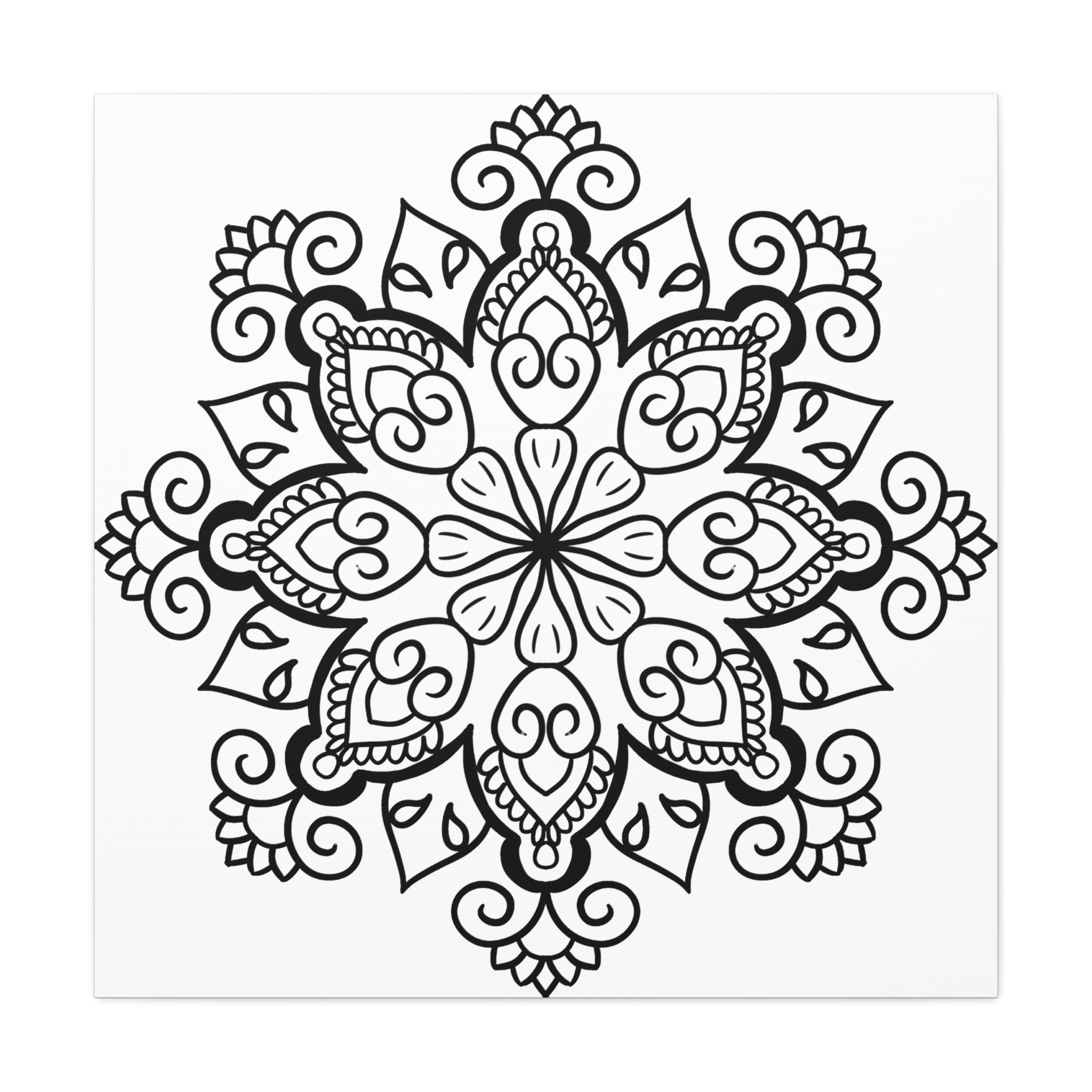 Handmade black and white mandala art on matte canvas, stretched and 125 inches thick, perfect for wall decor