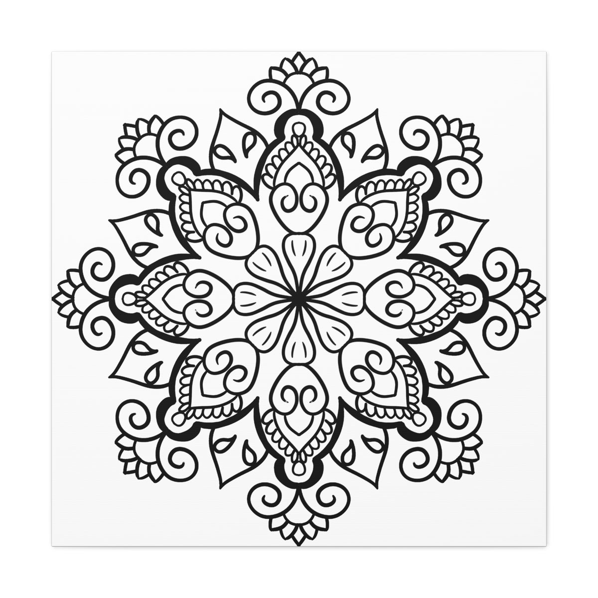 Handmade black and white mandala art on matte canvas, stretched and 125 inches thick, perfect for wall decor