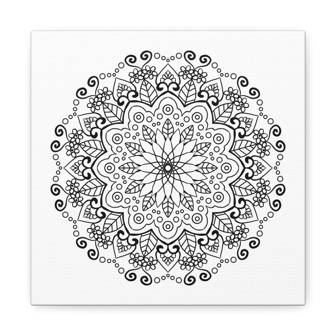 Beautiful handmade mandala art on matte canvas in black and white, stretched and ready to hang on your wall