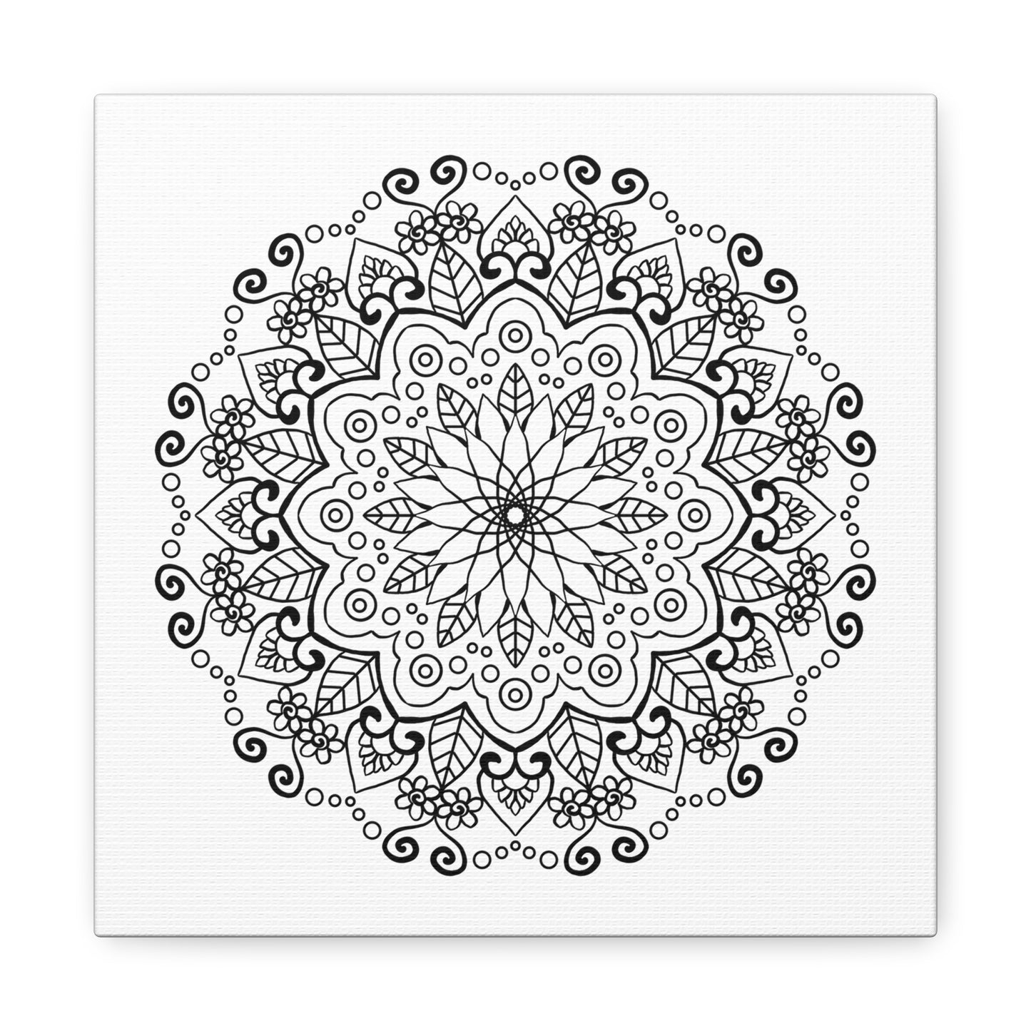 Beautiful handmade mandala art on matte canvas in black and white, stretched and ready to hang on your wall