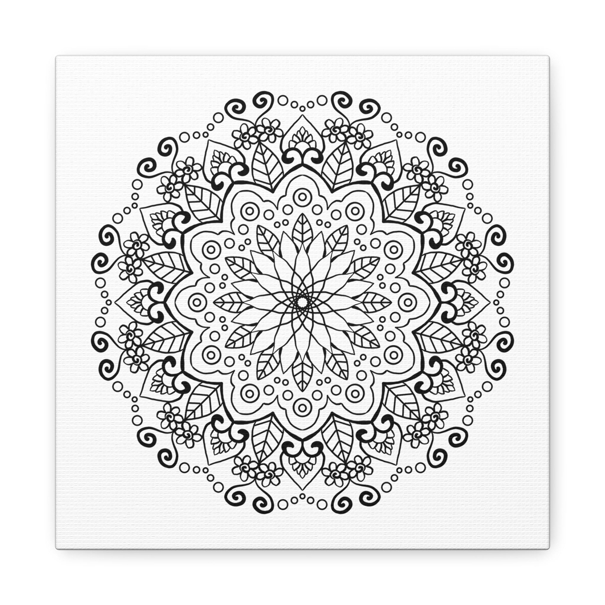 Beautiful handmade mandala art on matte canvas in black and white, stretched and ready to hang on your wall