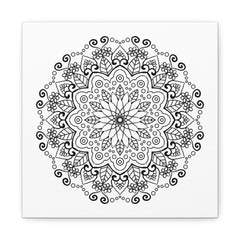 Beautiful handmade mandala art on matte canvas in black and white, stretched and ready to hang on your wall