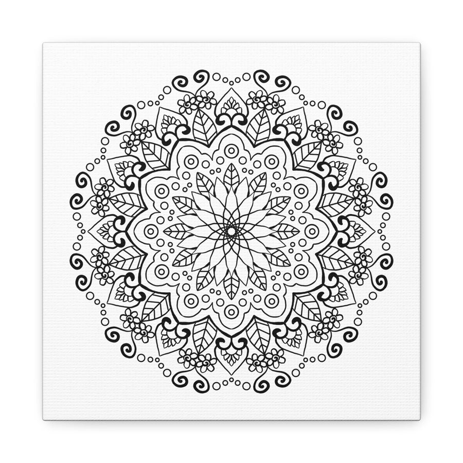 Beautiful handmade mandala art on matte canvas in black and white, stretched and ready to hang on your wall