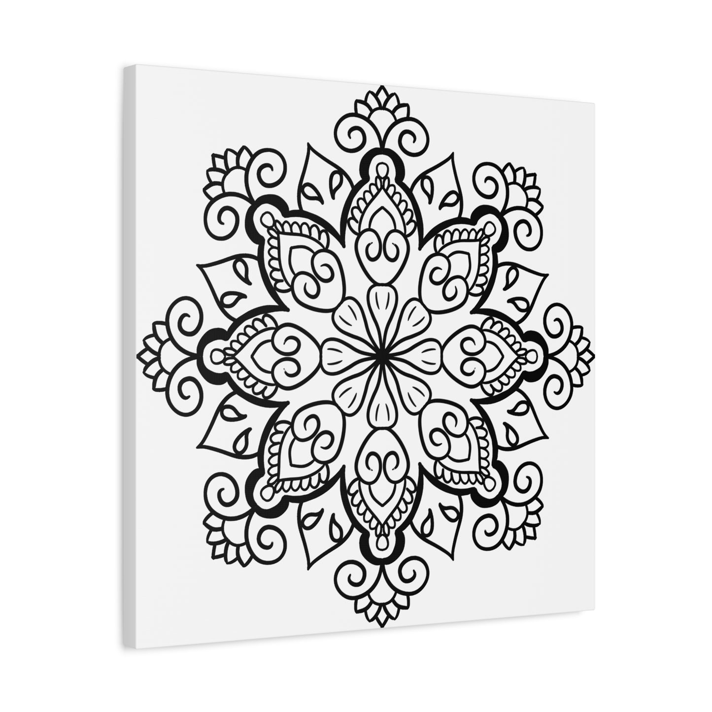 Handmade black and white mandala art on matte canvas, stretched, 125 inches