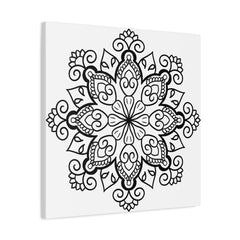 Handmade black and white mandala art on matte canvas, stretched, 125 inches