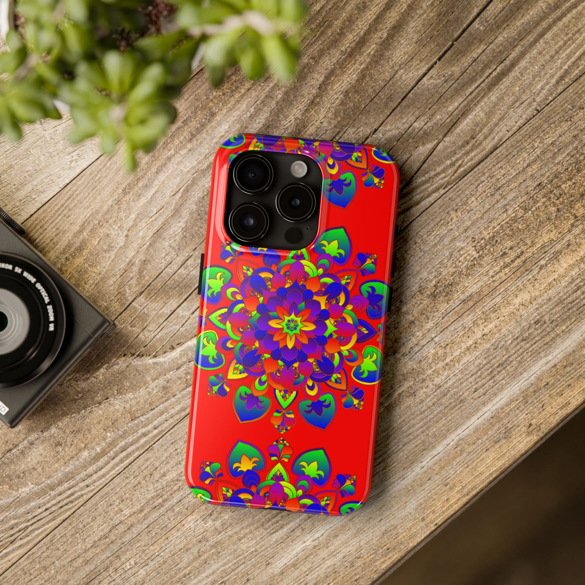 Hand drawn red mandala art phone case featuring intricate, detailed design