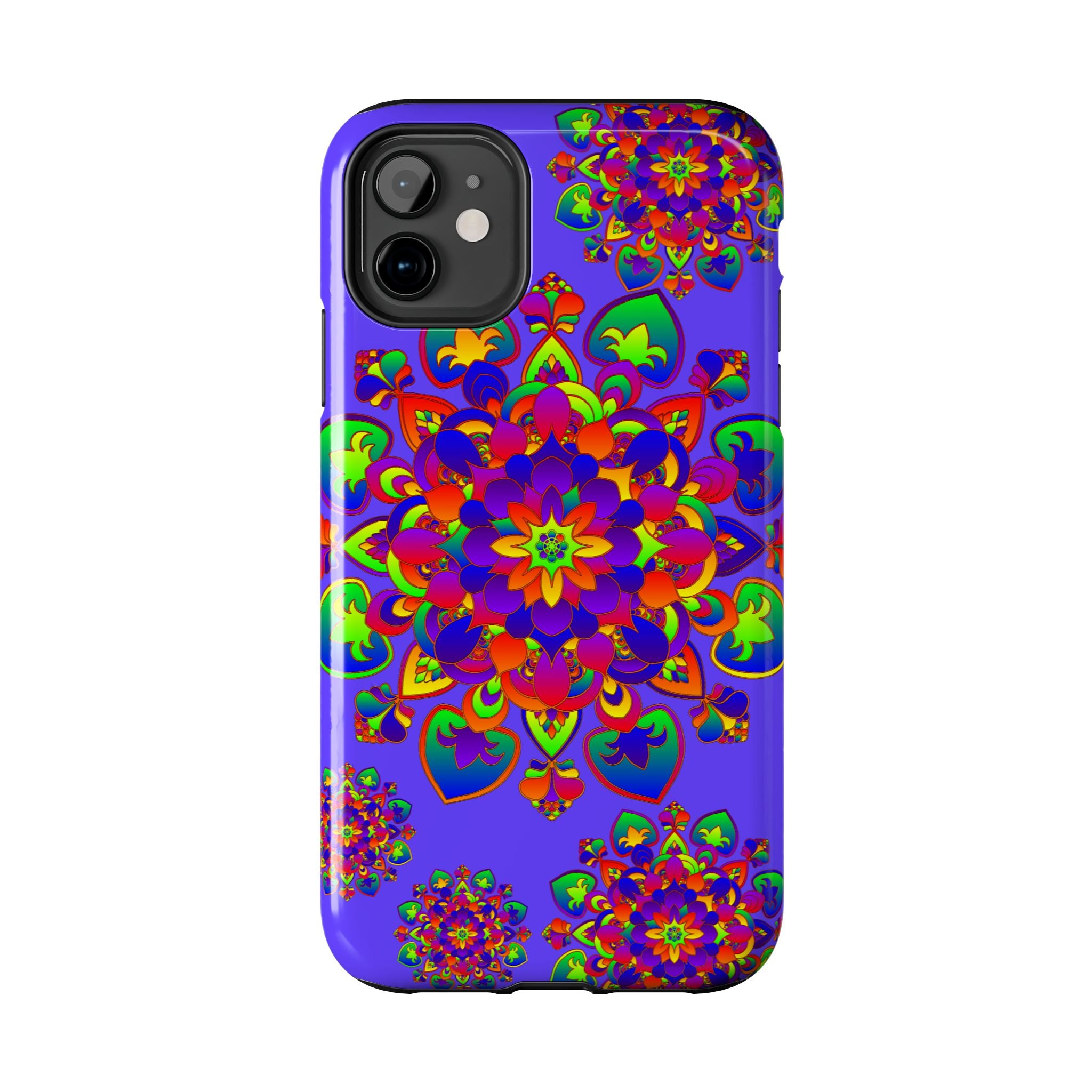 Colorful hand-drawn mandala phone case with rainbow design and intricate details