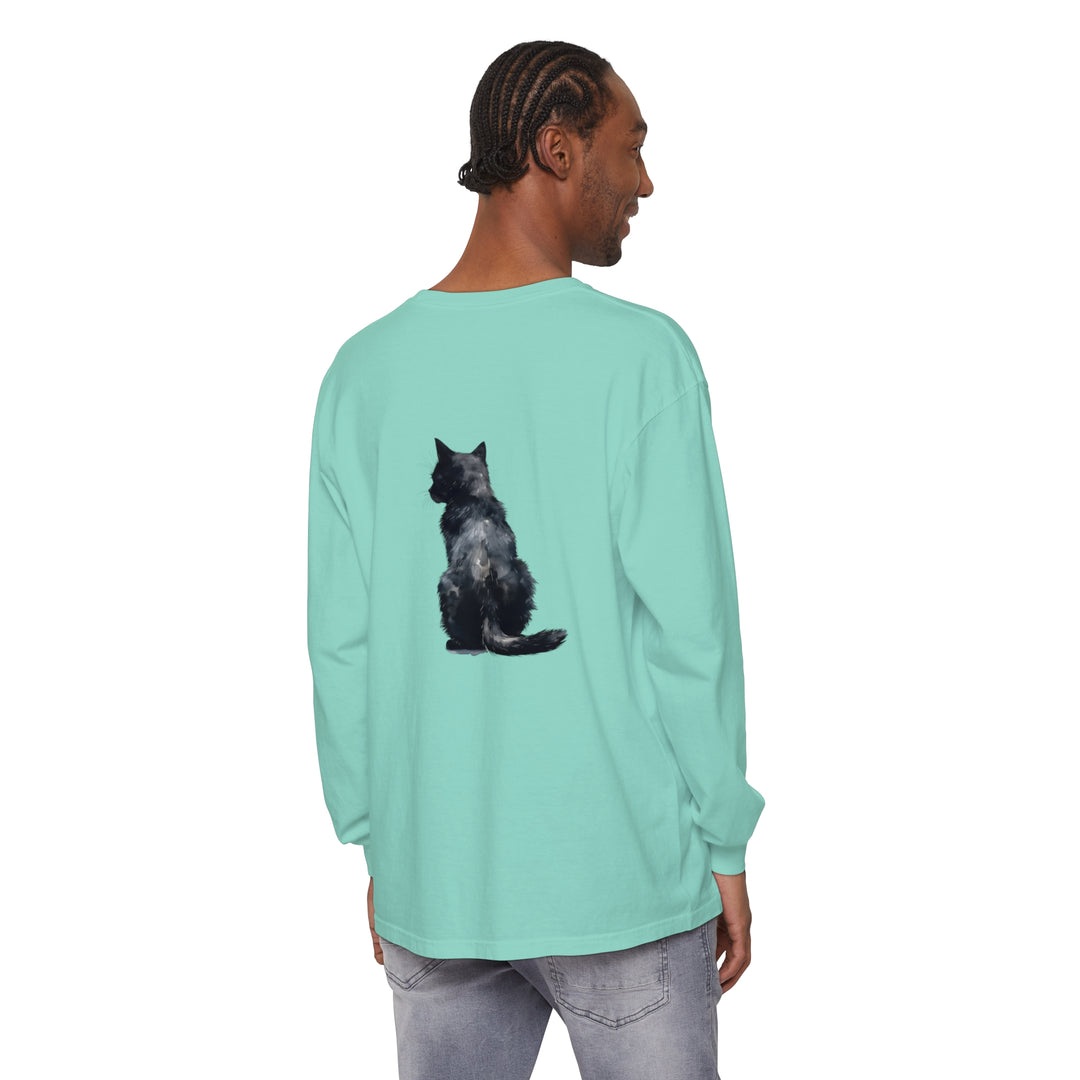 A high-quality, comfortable long sleeve t-shirt featuring a stunning black cat watercolor design