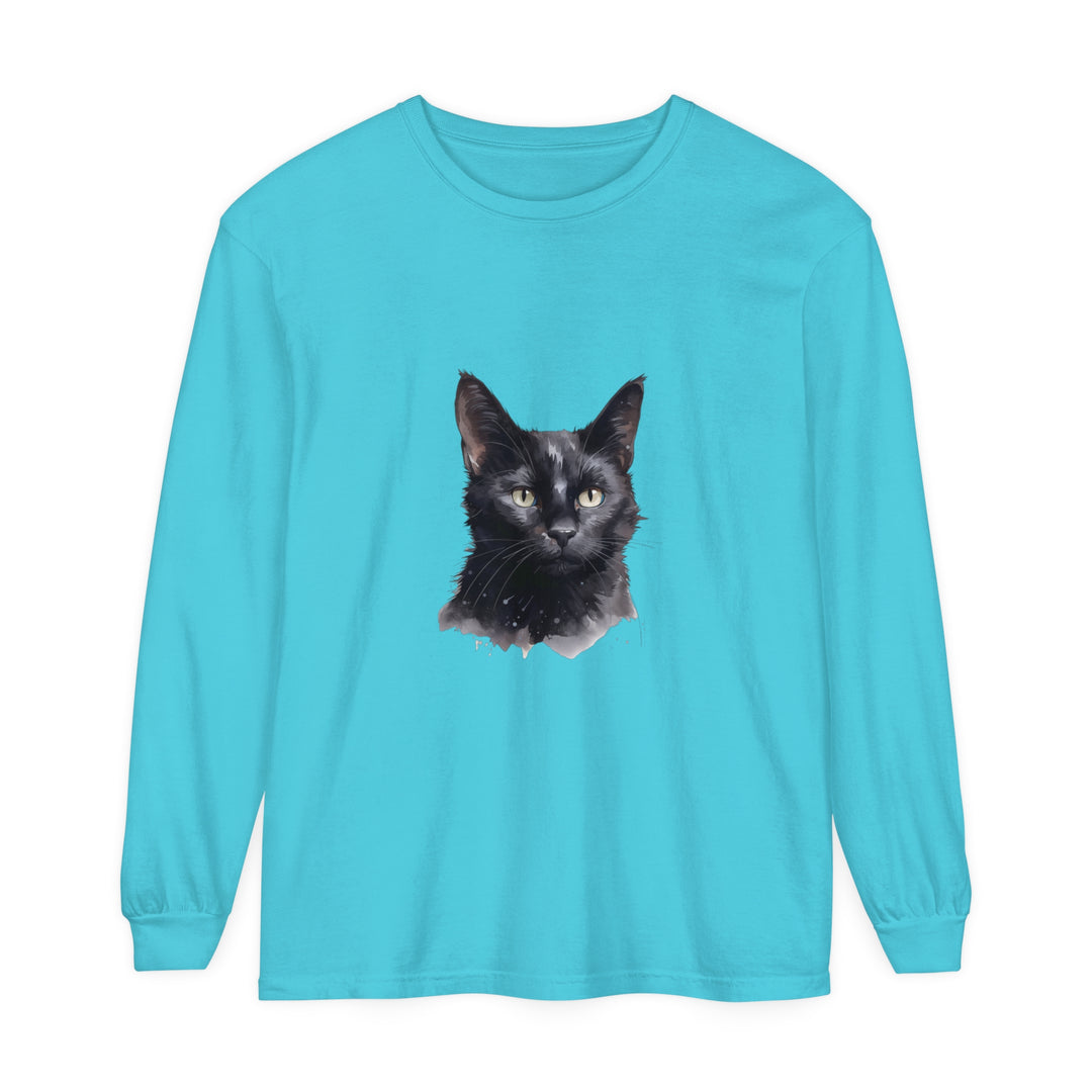 Black Cat Watercolor Unisex Long Sleeve T-Shirt with vibrant watercolor design