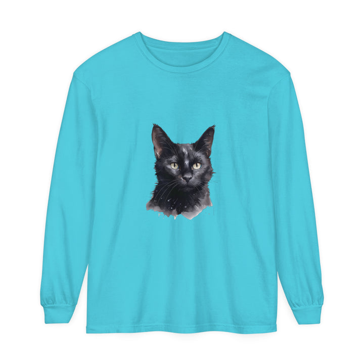 Black Cat Watercolor Unisex Long Sleeve T-Shirt with vibrant watercolor design