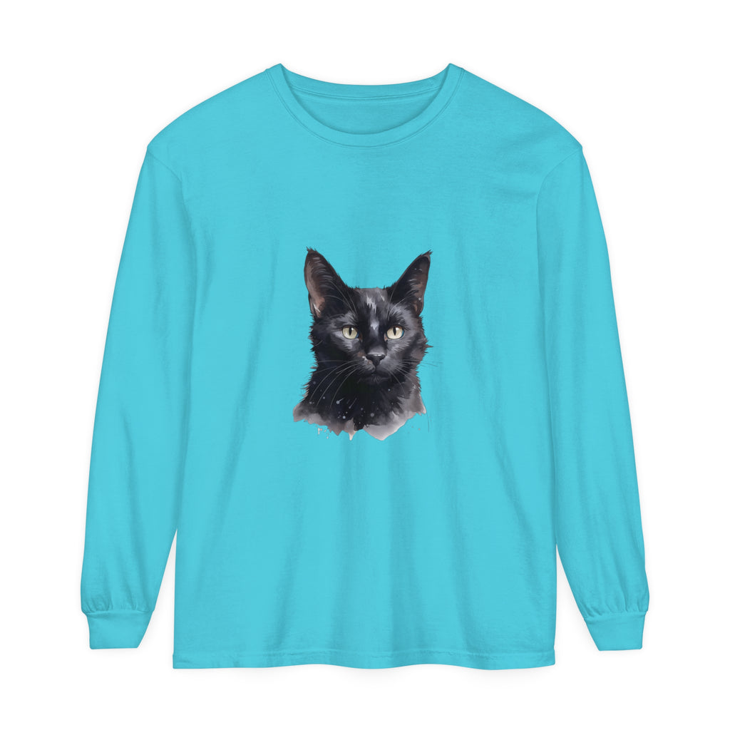 Black Cat Watercolor Unisex Long Sleeve T-Shirt with vibrant watercolor design