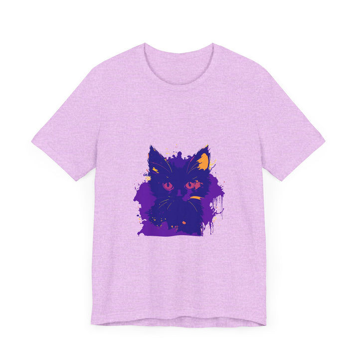 A close-up image of a whimsical blue and pink cat t-shirt with a playful cat design on the front