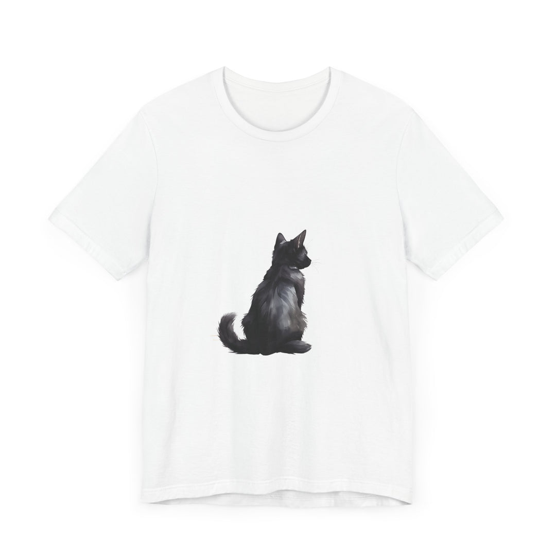 Black Cat Mystery T-Shirt featuring a striking black cat design on a high-quality black shirt