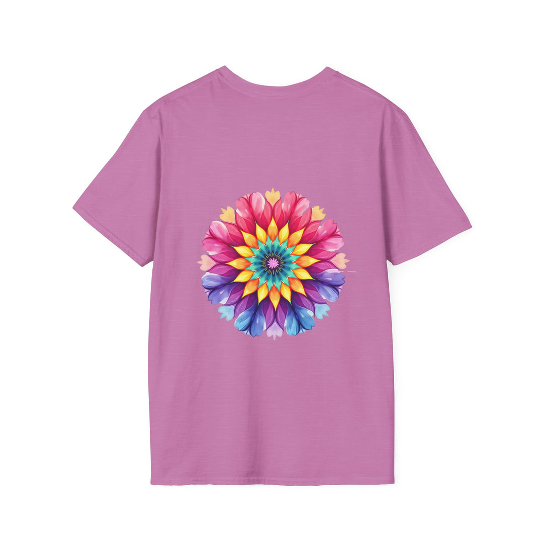 Close-up of a white t-shirt with a colorful floral mandala and a motivational quote printed on it, perfect for adding a touch of style and positivity to your wardrobe