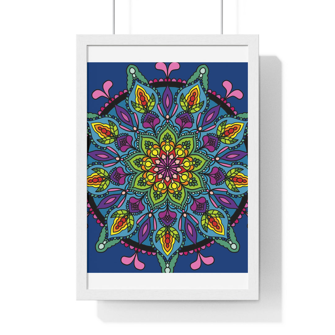 Hand-drawn blue mandala art poster framed vertically for mindfulness and yoga