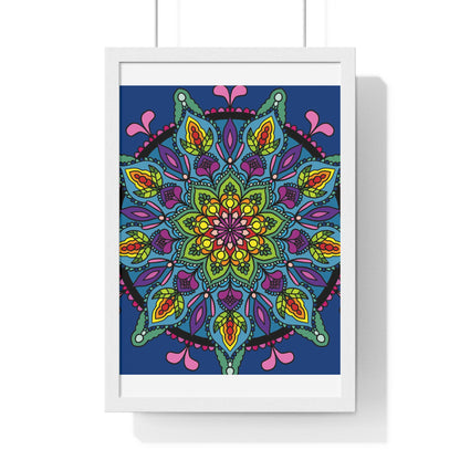 Hand-drawn blue mandala art poster framed vertically for mindfulness and yoga