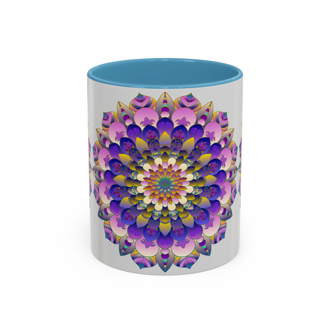 Beautiful mandala art mug with vibrant colors and intricate designs on a grey background