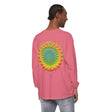 A detailed and ornate mandala design printed on a unisex long sleeve t-shirt