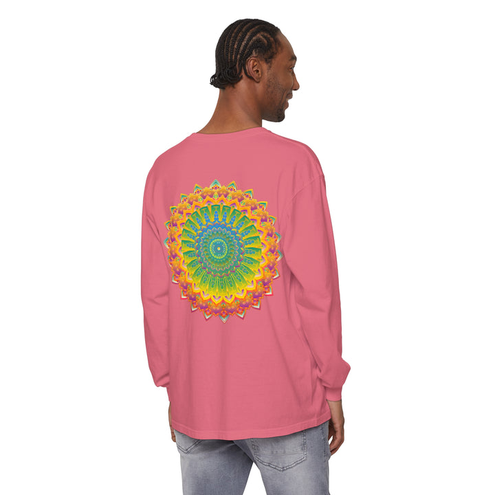 A detailed and ornate mandala design printed on a unisex long sleeve t-shirt