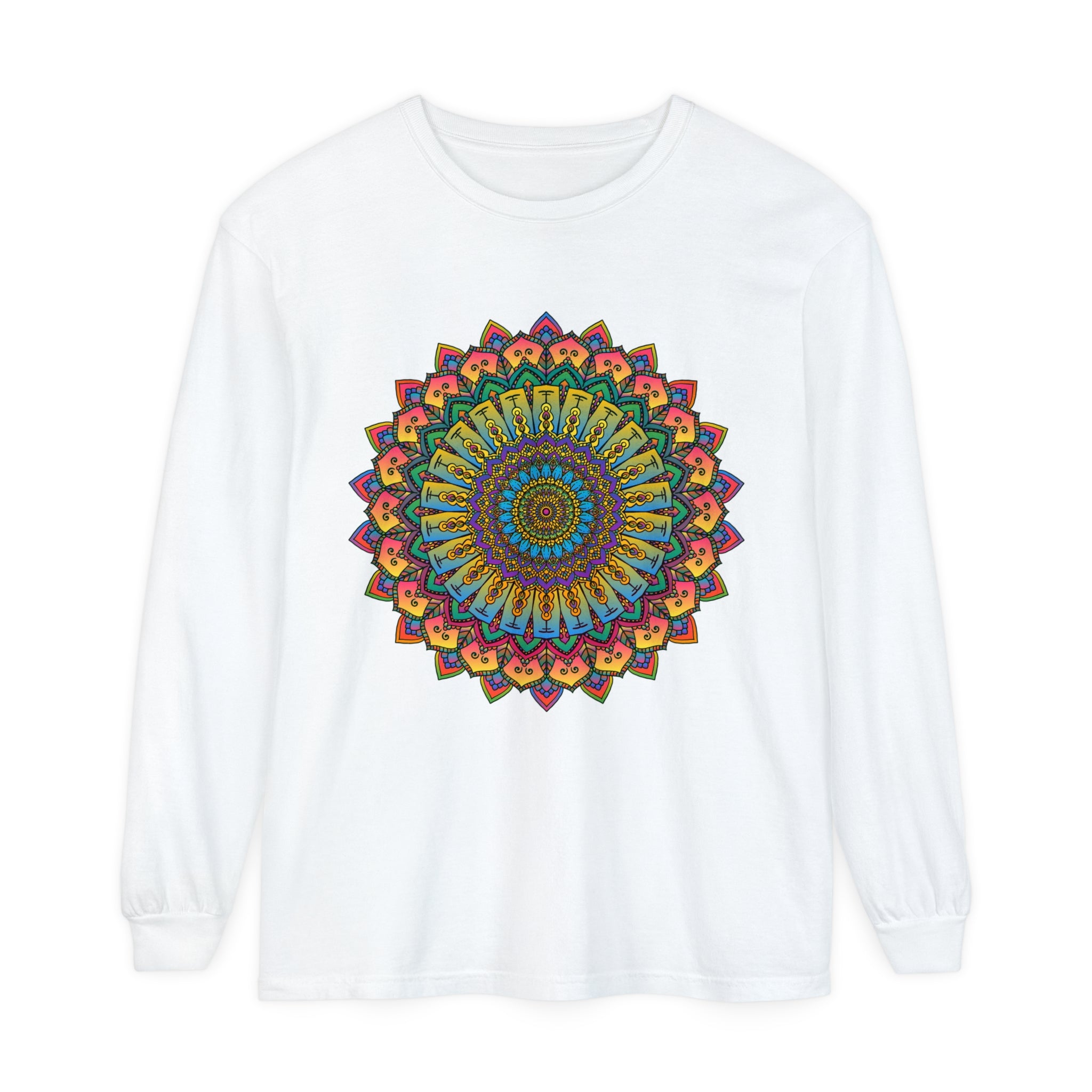 Intricate Mandala Unisex Long Sleeve T-Shirt, featuring detailed geometric design in black and white