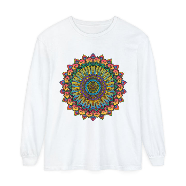 Intricate Mandala Unisex Long Sleeve T-Shirt, featuring detailed geometric design in black and white