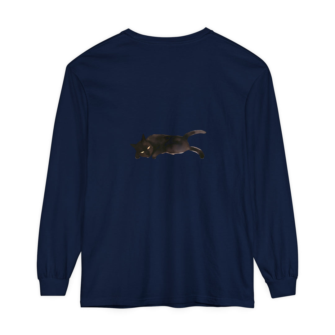 A comfortable unisex long sleeve t-shirt with a cute sleeping black cat design