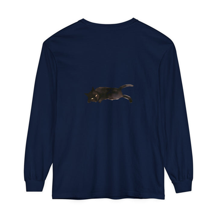 A comfortable unisex long sleeve t-shirt with a cute sleeping black cat design