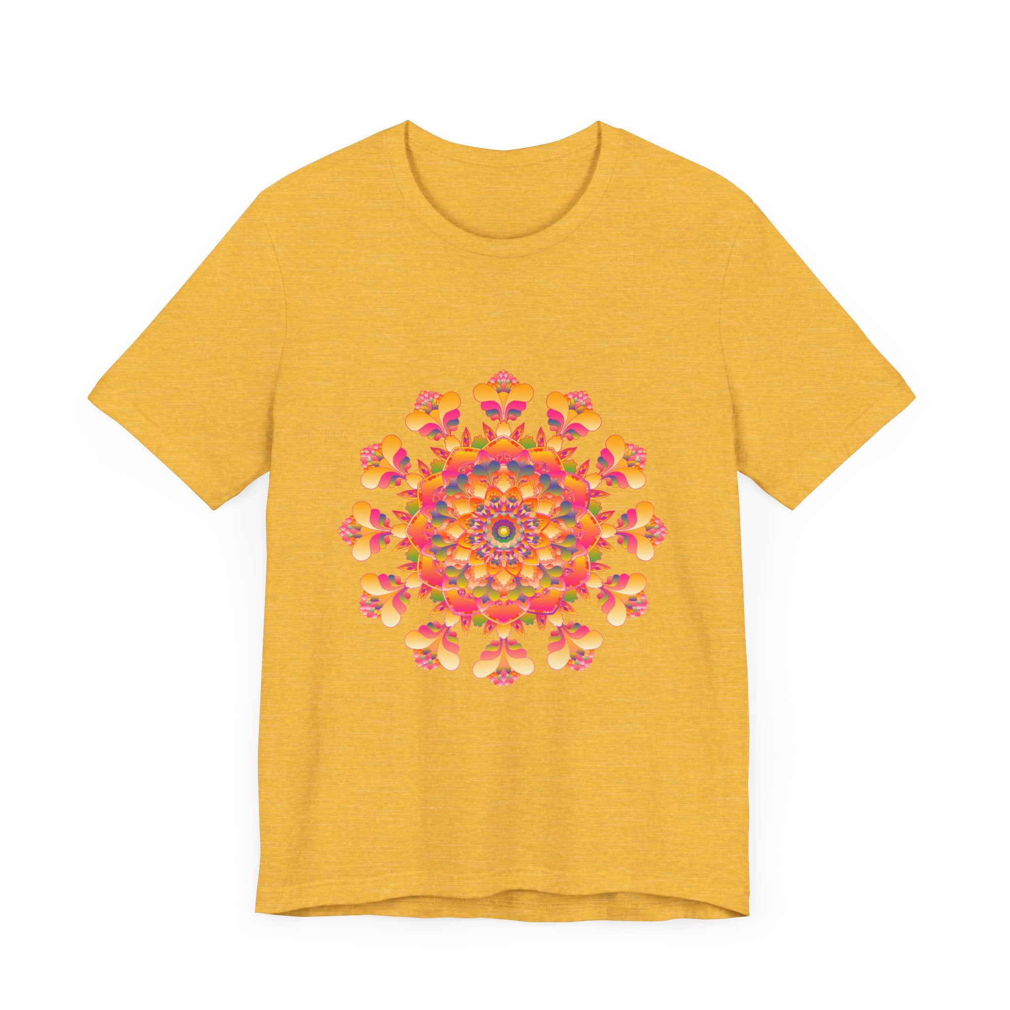 Vibrant mandala tee in shades of pink, yellow, orange, and green, perfect for adding a pop of color to your wardrobe