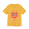 Vibrant mandala tee in shades of pink, yellow, orange, and green, perfect for adding a pop of color to your wardrobe