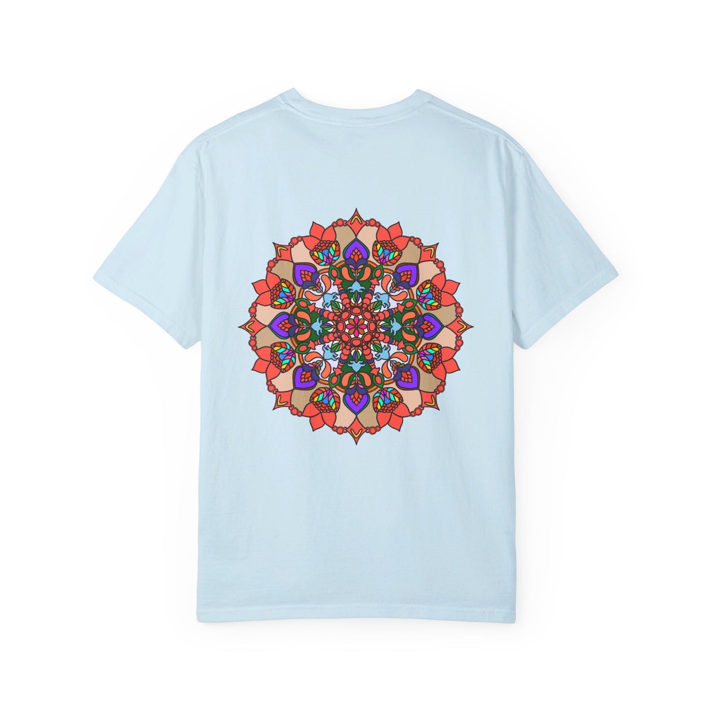 Unisex mandala t-shirt made from 100% ring-spun cotton with hand-drawn mandala art, garment-dyed for extra comfort