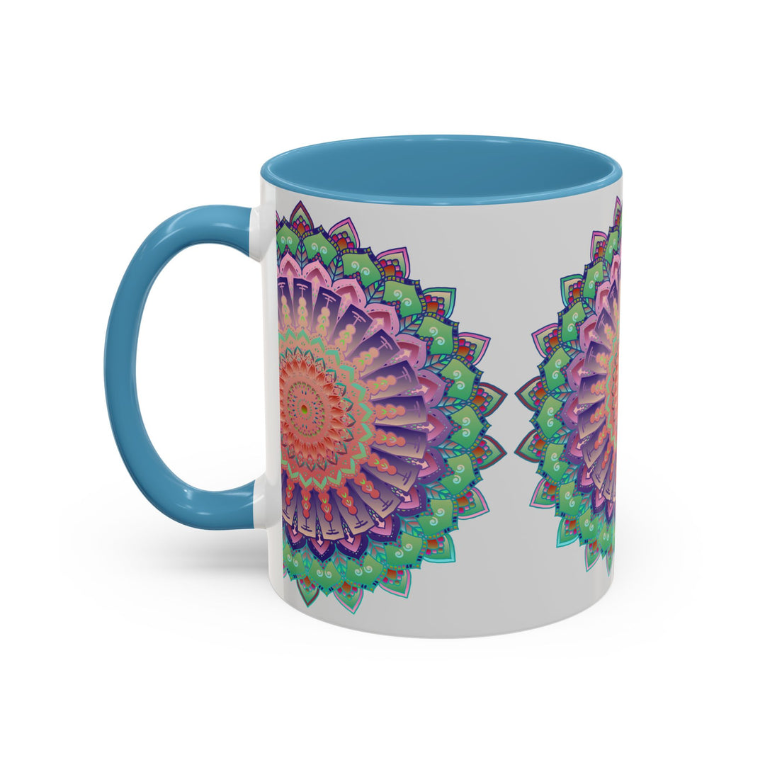 Vibrant and intricate floral mandala design adorns this ceramic coffee mug