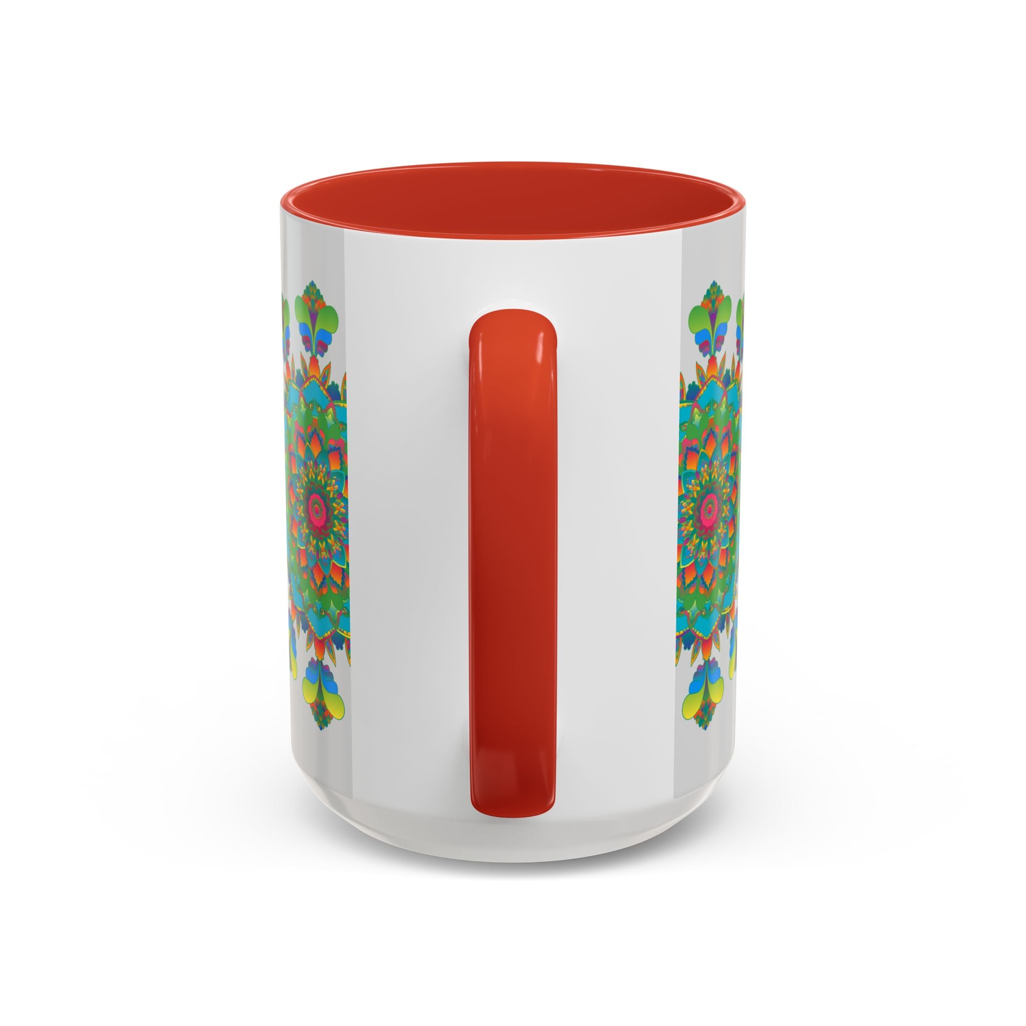 Mandala Art Mug featuring vibrant and intricate patterns in a range of colors on a grey background, perfect for enjoying your favorite hot beverages