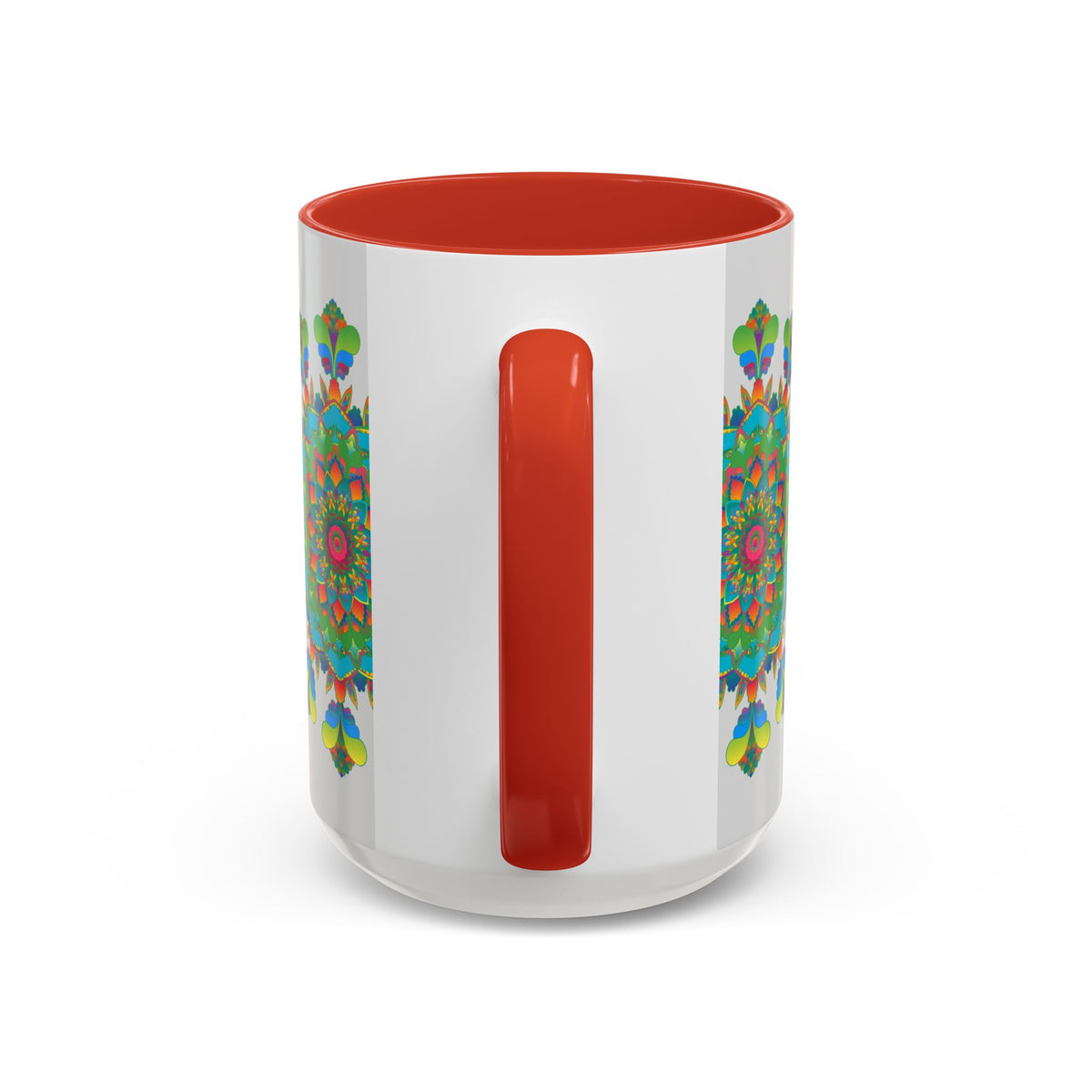 Mandala Art Mug featuring vibrant and intricate patterns in a range of colors on a grey background, perfect for enjoying your favorite hot beverages