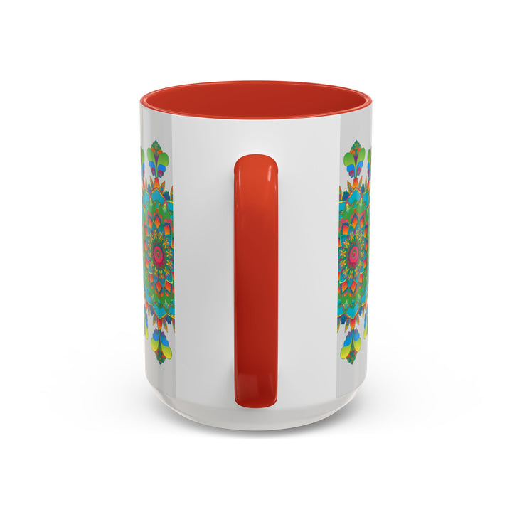 Mandala Art Mug featuring vibrant and intricate patterns in a range of colors on a grey background, perfect for enjoying your favorite hot beverages