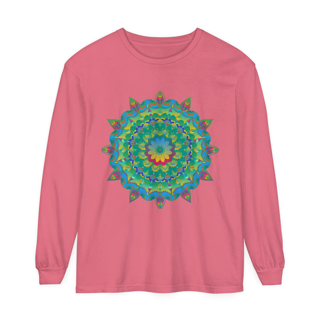 Colorful and intricate psychedelic mandala design on a long sleeve t-shirt