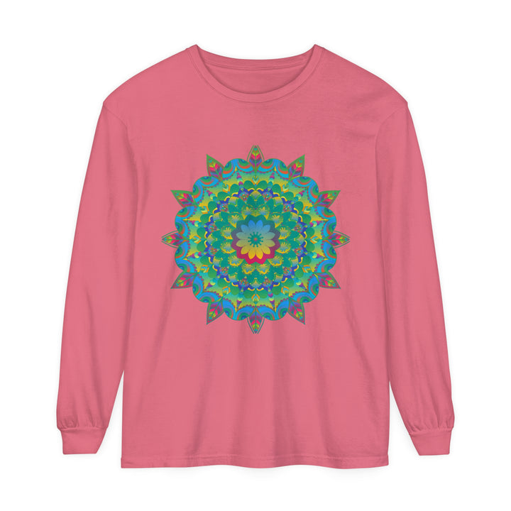 Colorful and intricate psychedelic mandala design on a long sleeve t-shirt