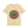 A close-up image of a vibrant and intricate mandala meditation tee in various shades of blue, pink, and purple, showcasing its beautiful design and colors