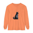 Black Cat Mystery unisex long sleeve tee, featuring a bold graphic of a mysterious black cat against a moonlit night backdrop