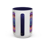 A grey ceramic mug with a vibrant mandala design featuring intricate patterns and bright colors