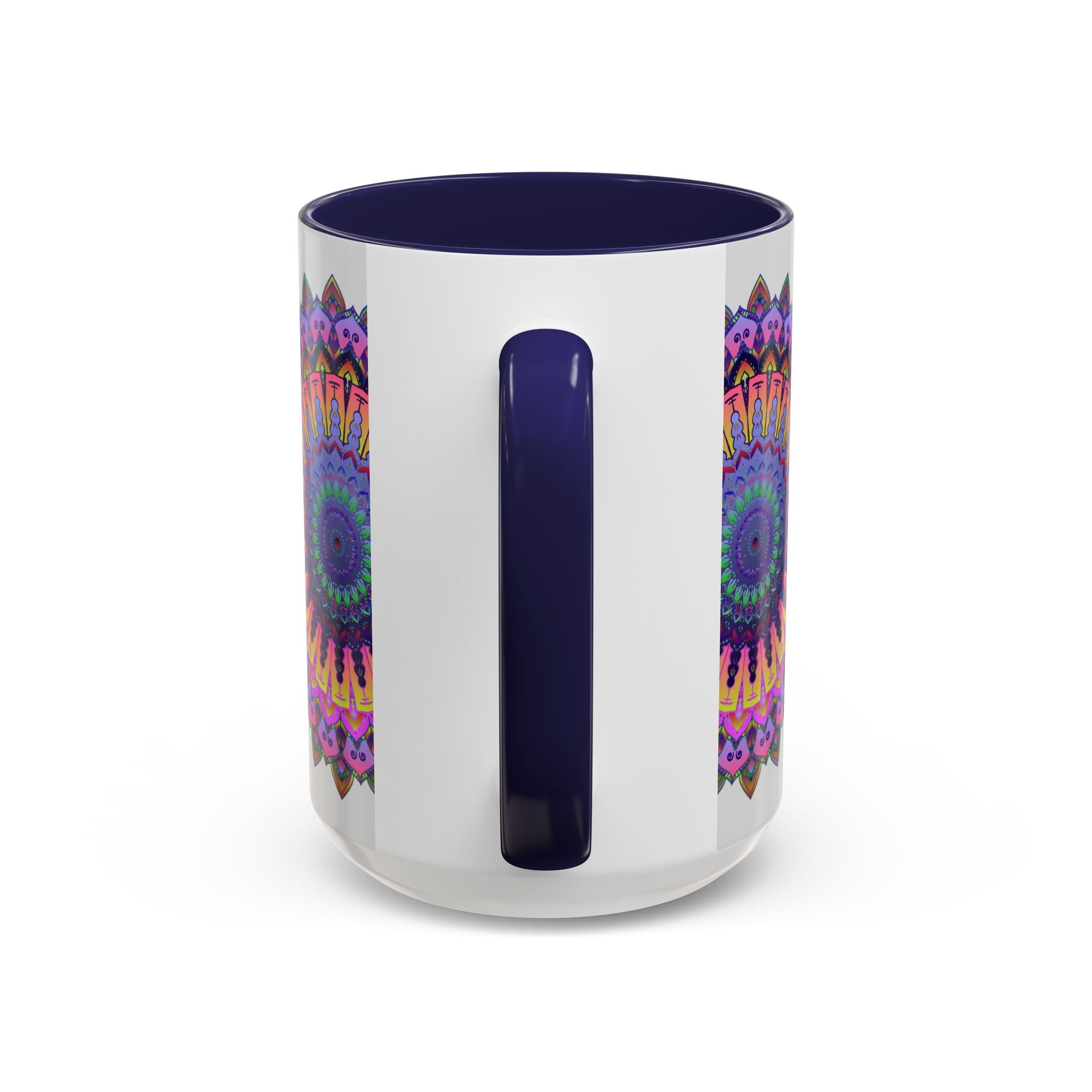 A grey ceramic mug with a vibrant mandala design featuring intricate patterns and bright colors