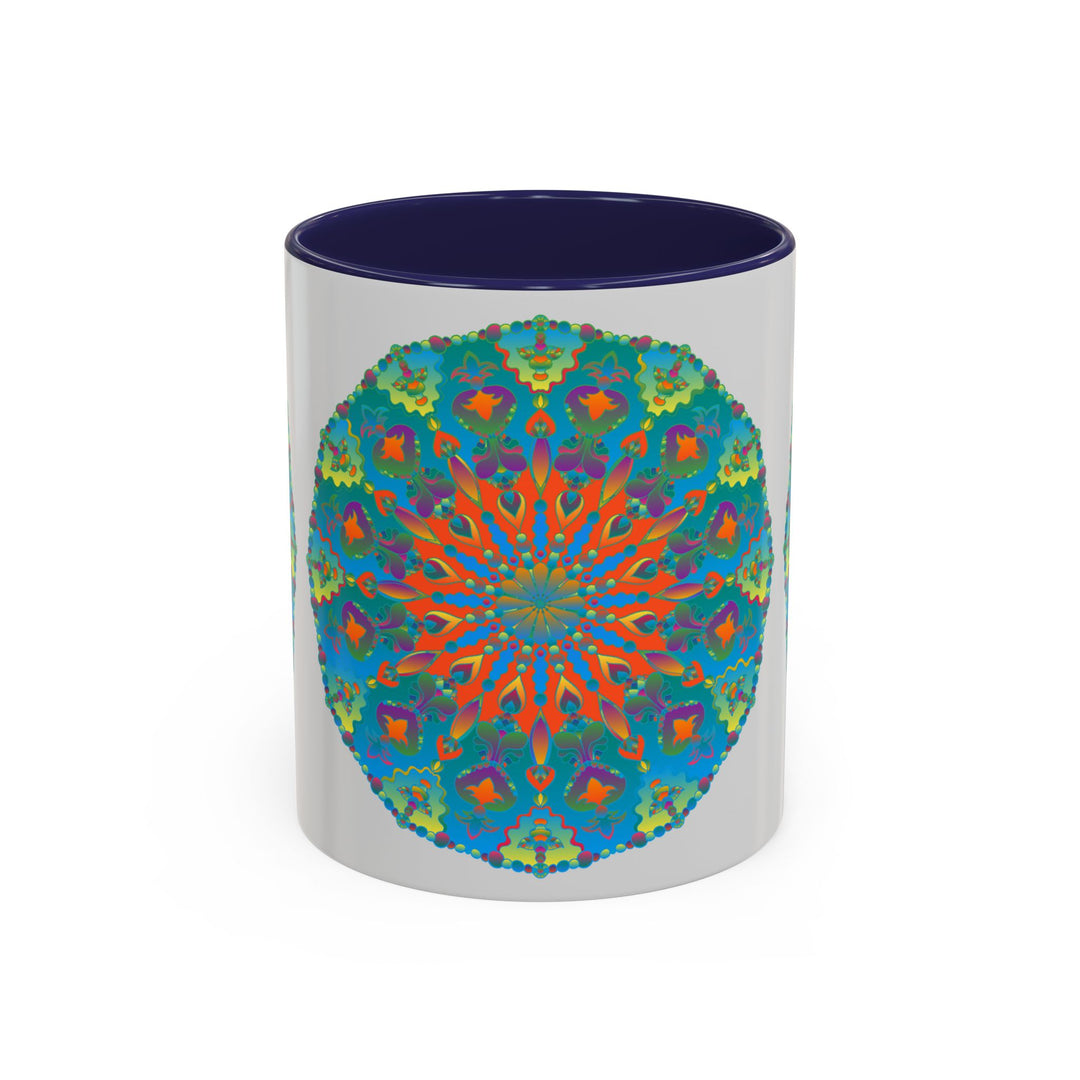 Mandala Art Mug featuring an intricate blue and green design, perfect for a calming and visually stunning beverage experience