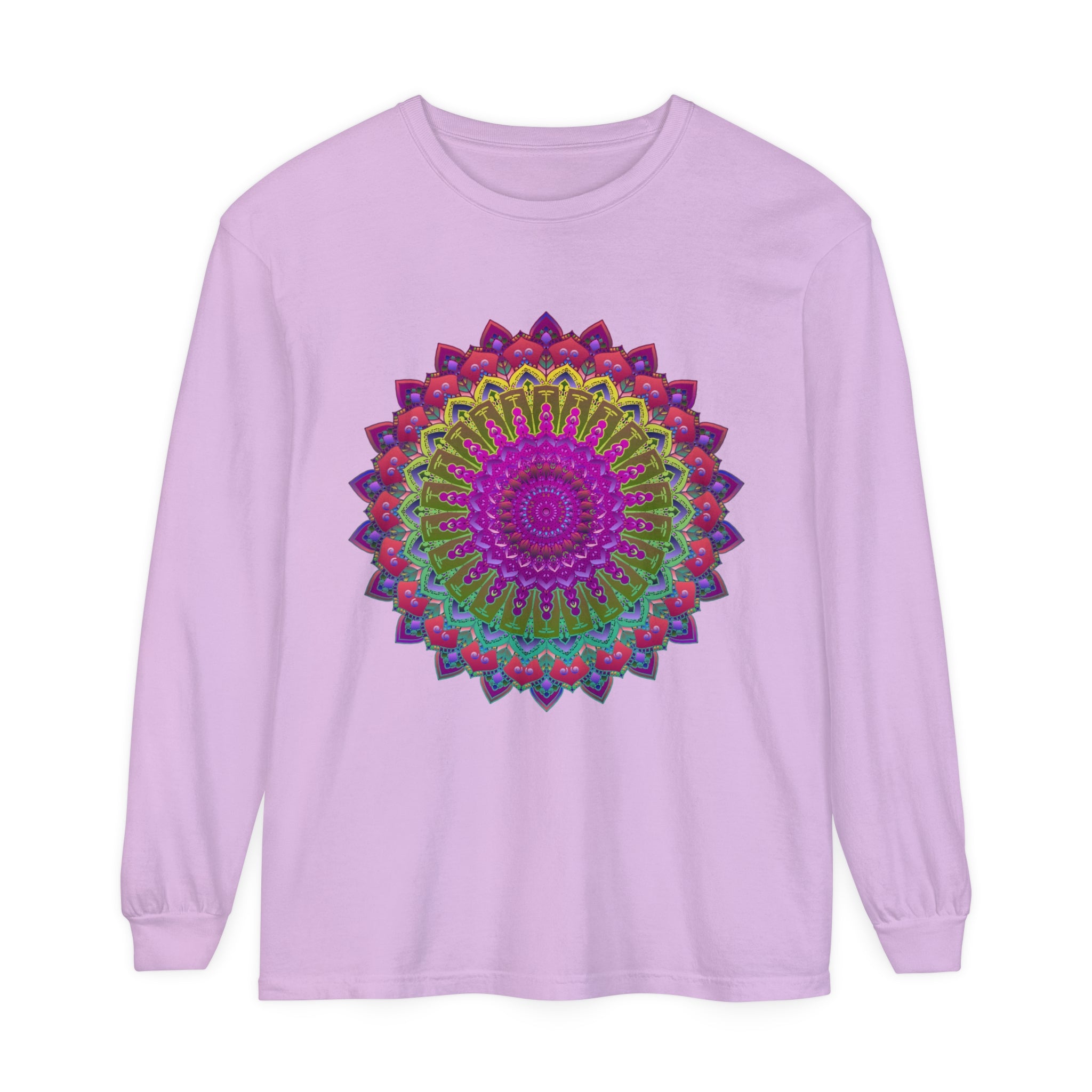 Vibrant Mandala Unisex Long Sleeve T-Shirt Styled with Denim Jacket and Jeans
