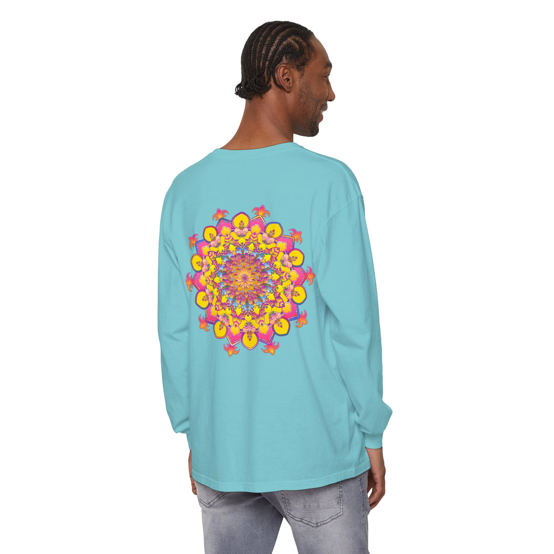 A colorful and intricate mandala design adorns a unisex long sleeve t-shirt