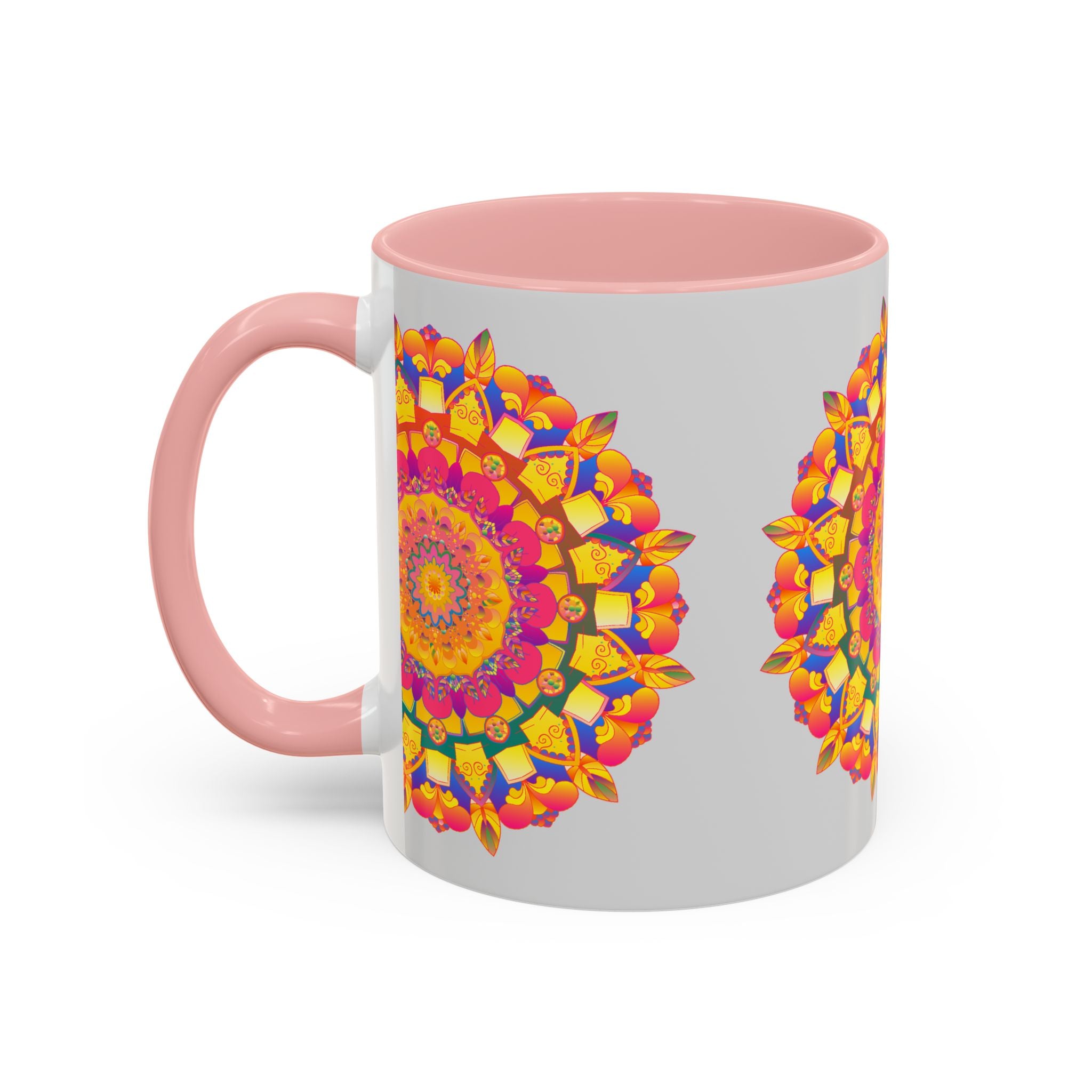 A ceramic mug featuring a mandala art design with vibrant colors on a grey background