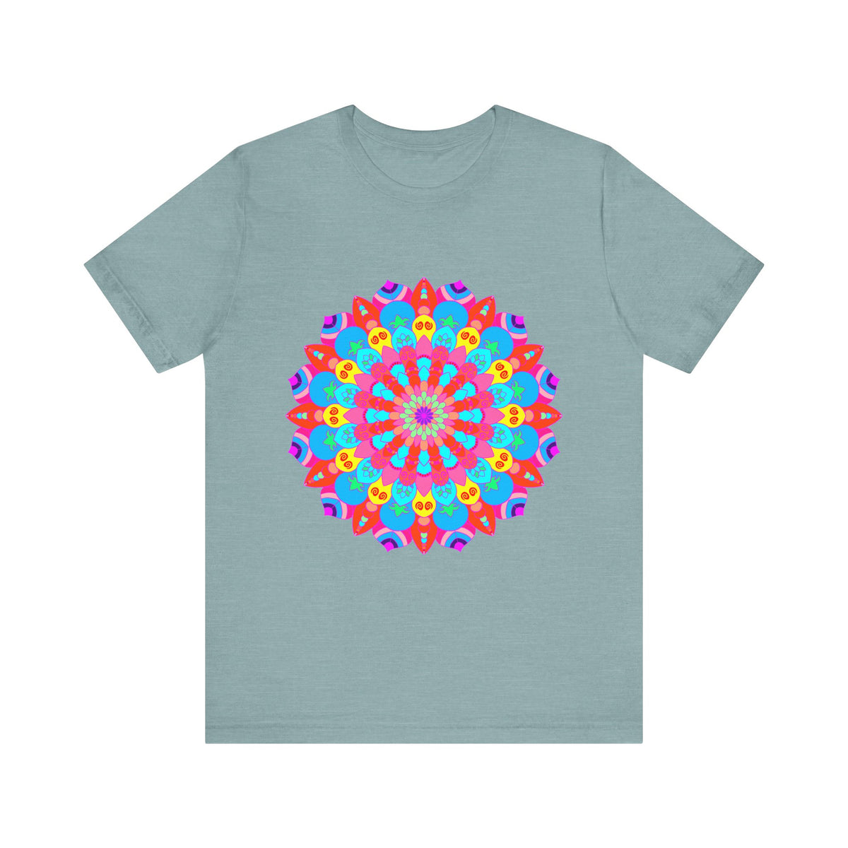 Vibrant and intricate psychedelic mandala design t-shirt, featuring a colorful and eye-catching artistic pattern