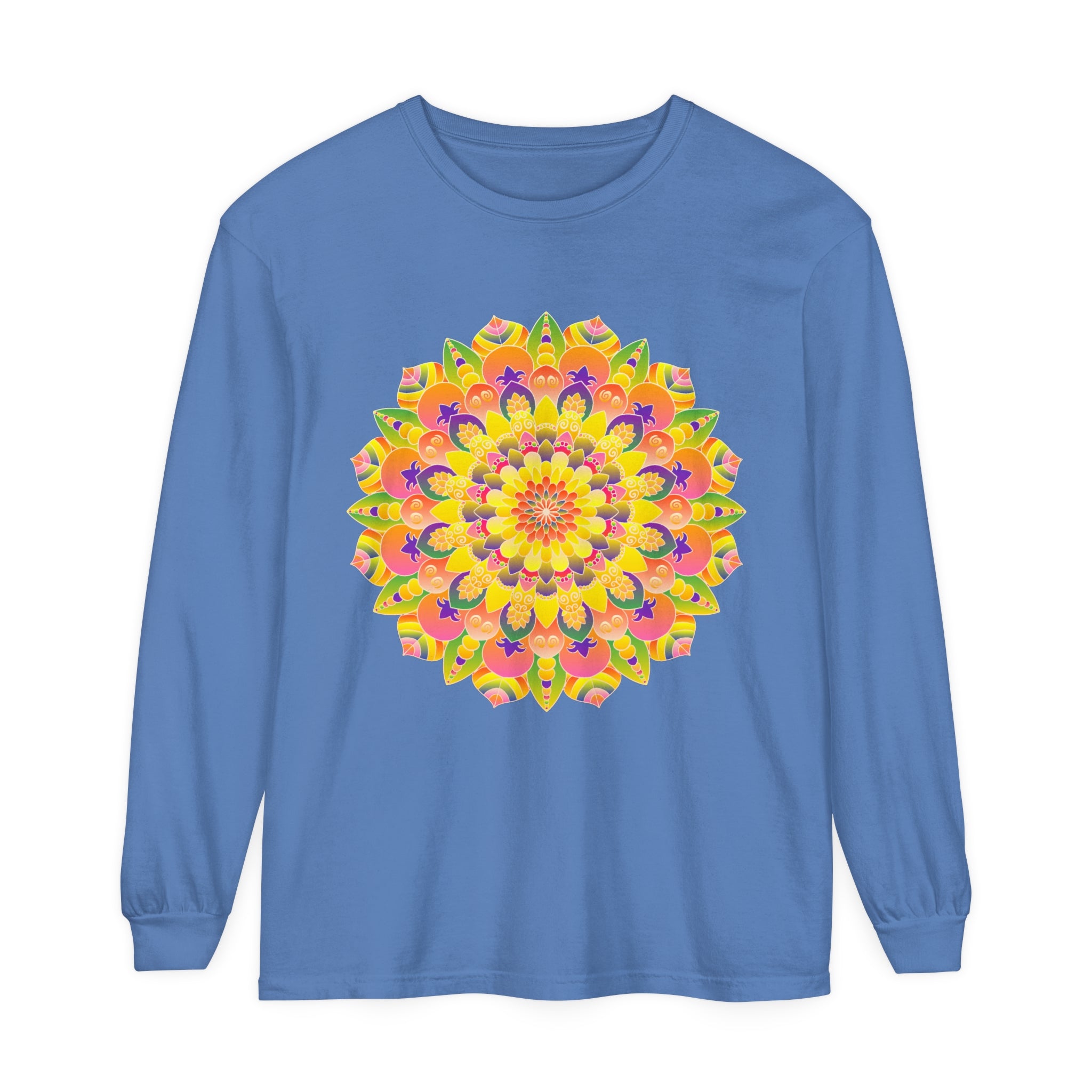 Colorful and intricate mandala design featured on a unisex long sleeve t-shirt