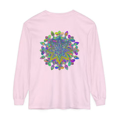 Vibrant and intricate mandala design on a unisex long sleeve t-shirt