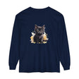 A close-up of a black kitten watercolor splash t-shirt, featuring a playful kitten design in vibrant colors